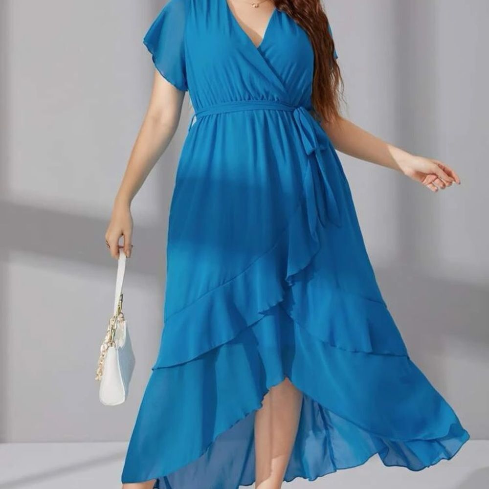 NWT Plus Size Blue Ruffle Trim Belted Dress Size 16 💙​​​​​